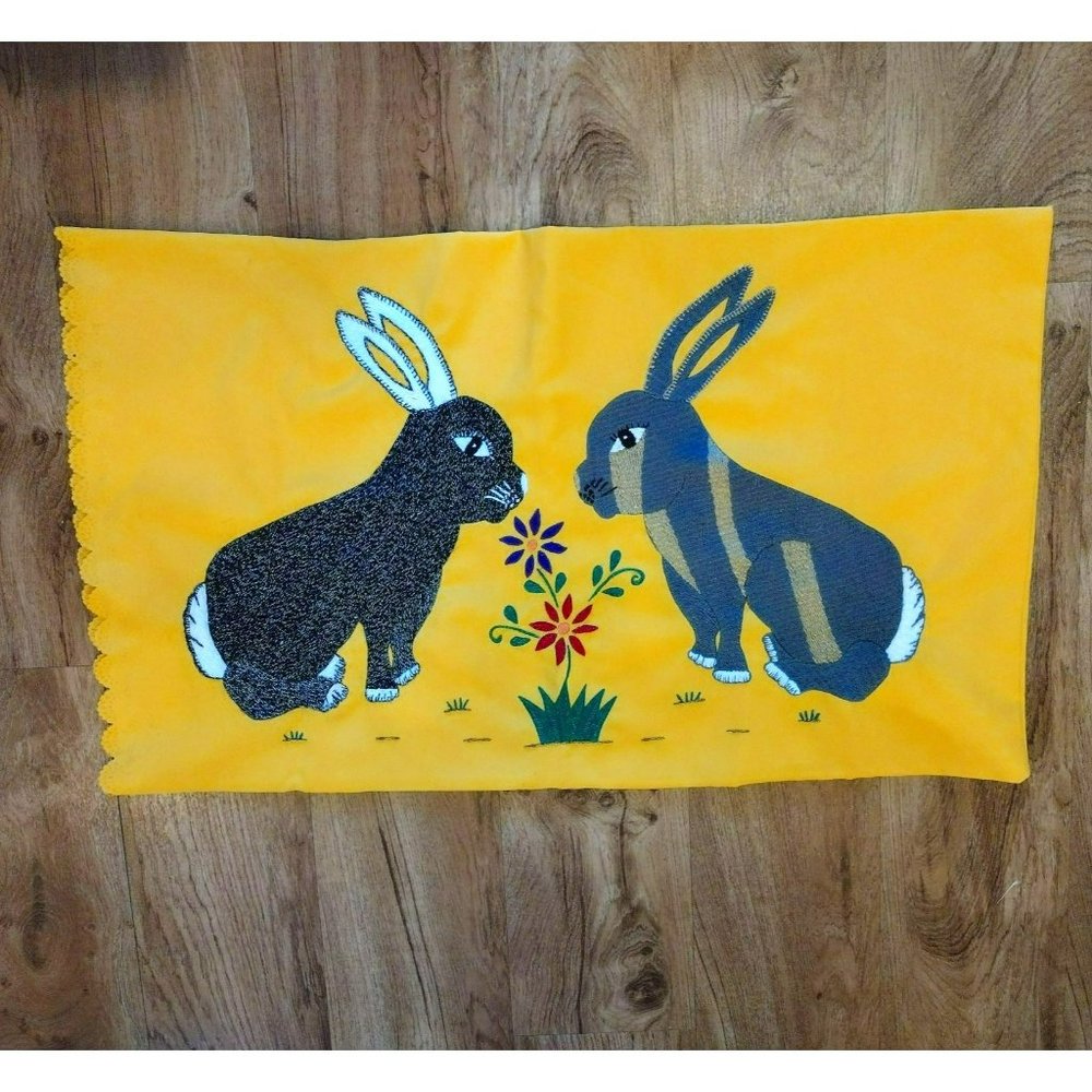 Hand Embroidered Easter Rabbit Pillowcase, Crewel Bunny Yellow Vintage Pillow